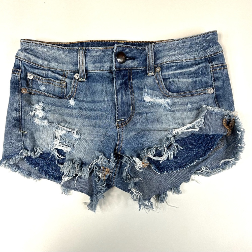 American Eagle Women’s 4 Shortie Shorts Jean Distressed 360 Super Stretch #2249
